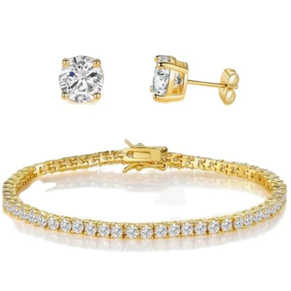 d'vine Products Jewelry - 18K Gold-Plated Sterling Silver CZ Tennis Bracelet & 4 Prong Earring Set